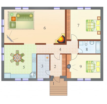Планировка одноэтажного каркасного дома Бунгало M+